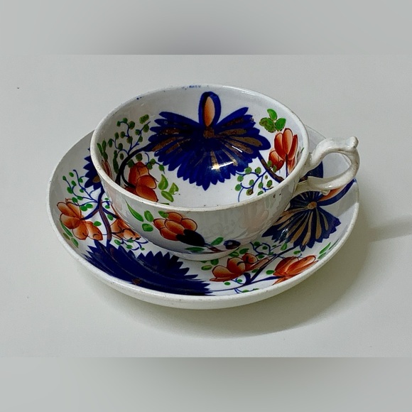 19th Century Antique Gaudy Welsh Butterfly Pattern Hand Painted Cup & Saucer Set - Picture 13 of 16